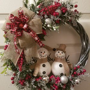 CHRISTMAS door wreath, 14" inch. "2 snowmen wreath